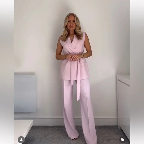 ZARA 2 PIECES MATCHING SET TIED BELTED VEST AND SIDE ZIP FLOWY PANTS - Picture 9 of 16